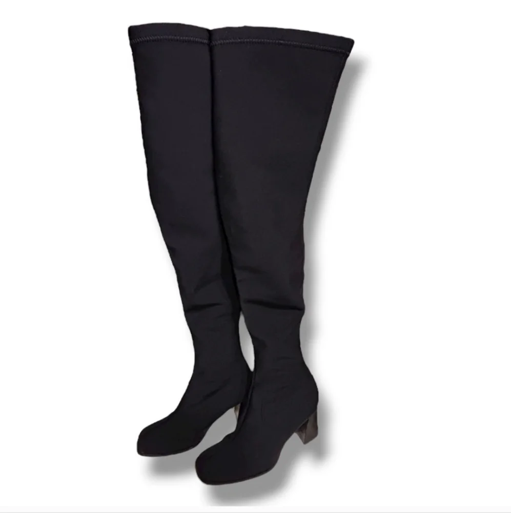 PAZZO Black Stretch Fabric Over the Knee Block Heel Boots